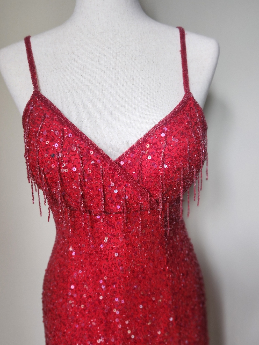 Vintage 1990s Scala Red Silk Beaded Sequin Fringe Maxi Gown Made in India M - Picture 2 of 15